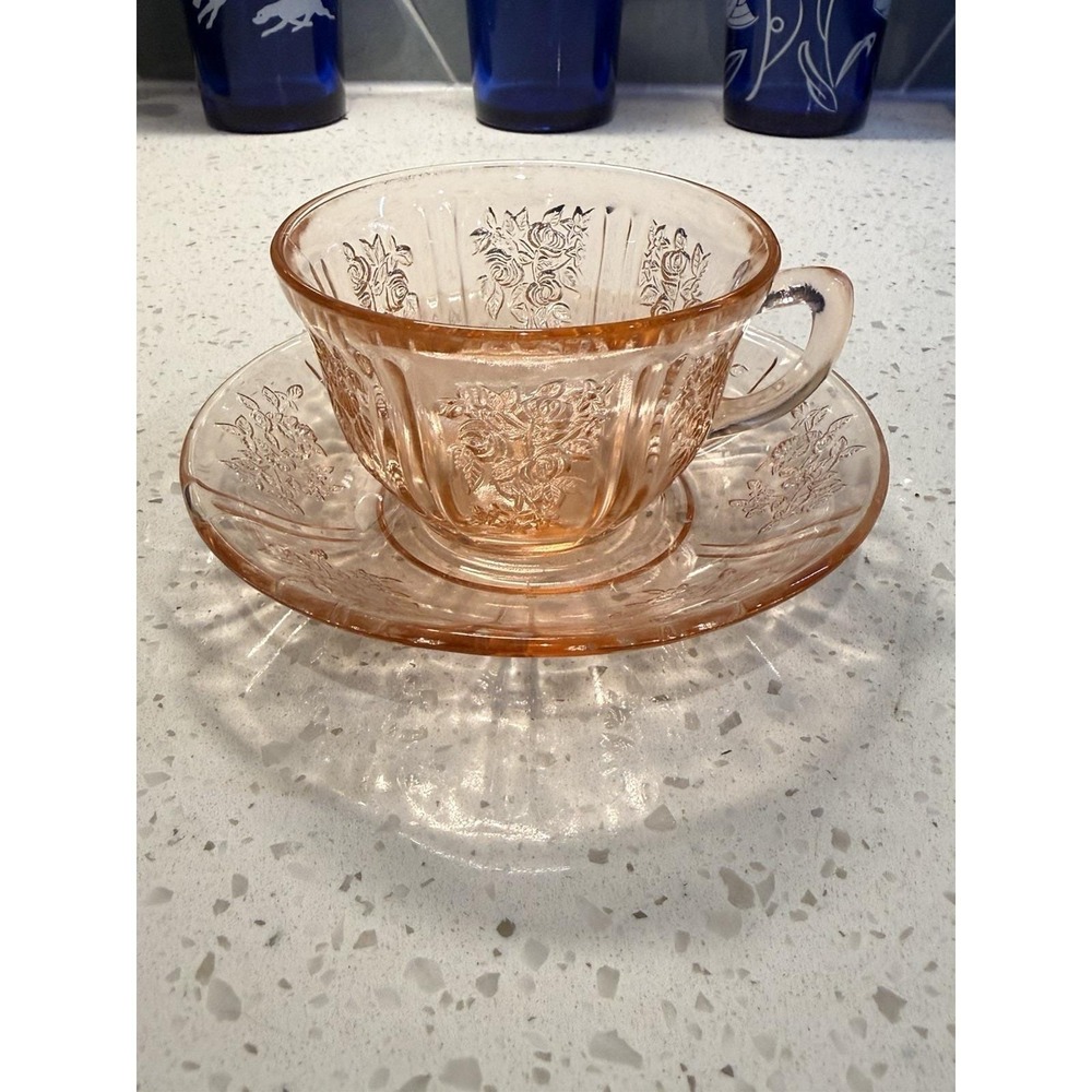 Federal Sharon Cabbage Rose Pink Tea Cup And Saucer Depression Glass